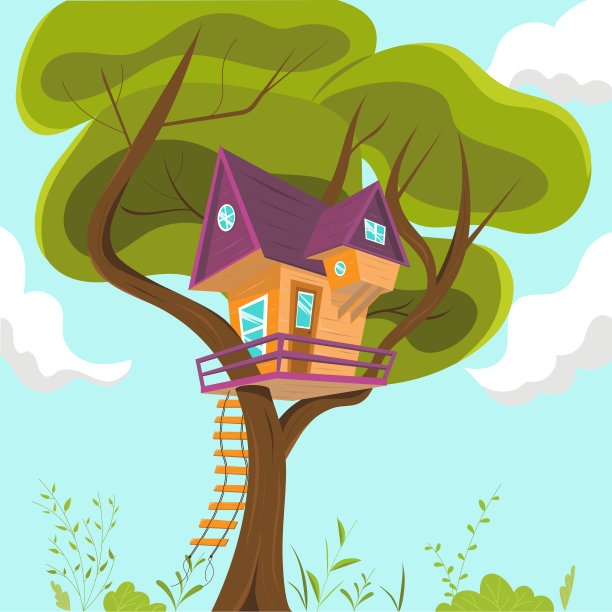 树上的房子。卡通风格矢量插图图片下载