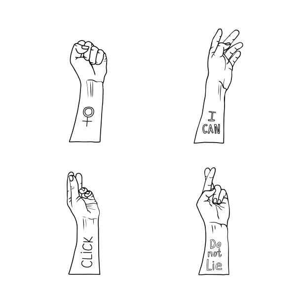 矢量插图4女性的手与符号和文本。图片下载