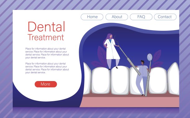 牙科网站模板，空白模板与牙齿作为着陆页面模型，平面矢量股票插图与正畸医生和牙齿在口腔图片下载