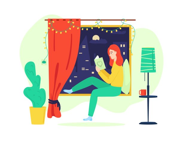 卡通色彩人物人物女人阅读书籍概念。向量图片下载