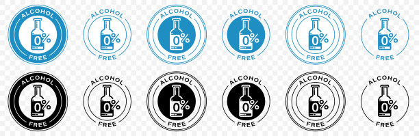 无酒精矢量图标。标志-不含酒精用于化妆品和食品包装的邮票。喝饮料的瓶子和零。信息标签。矢量插图。图片下载