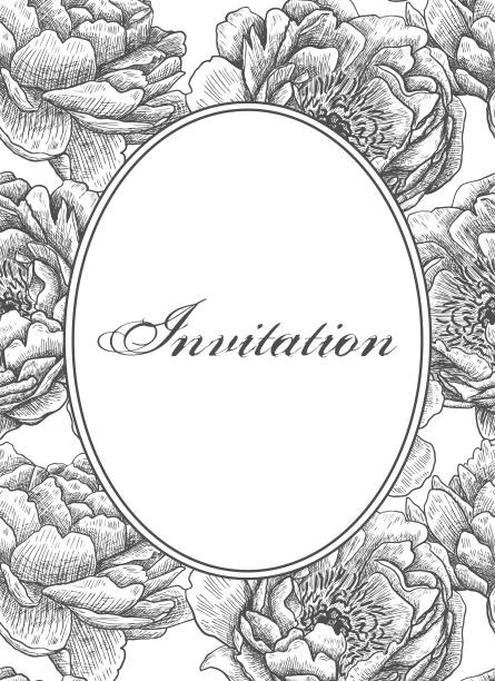 明信片，请柬，封面，标签。花、叶、枝。植物的背景。手绘。黑色雕刻，图形，线条艺术。古董。图片下载