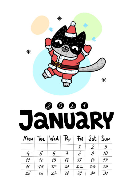 日历页与可爱的猫在白色的背景。挂历或台历2021年。1月。图片下载