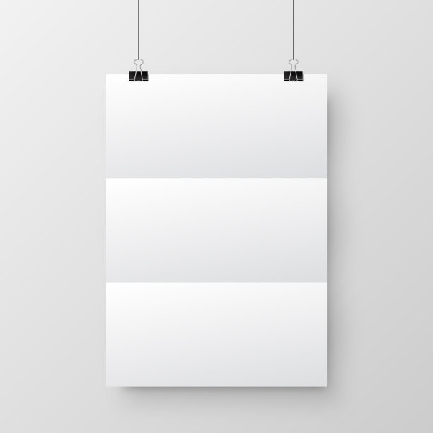 真实悬挂空白纸与阴影A4格式和黑色回形针，装订在灰色背景。设计海报，模板或模型。矢量图图片下载