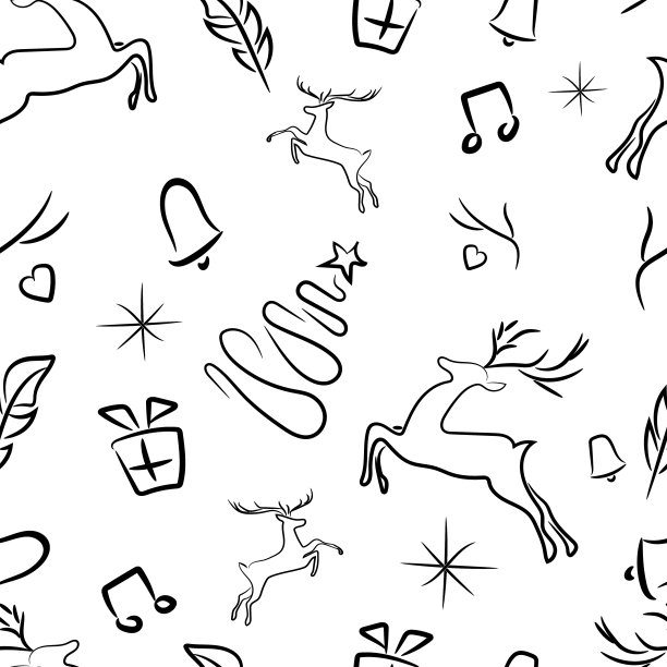 无缝模式与黑色手绘圣诞图片上的白色背景。新年的时尚印花，纺织品，包装纸。矢量插图。图片下载