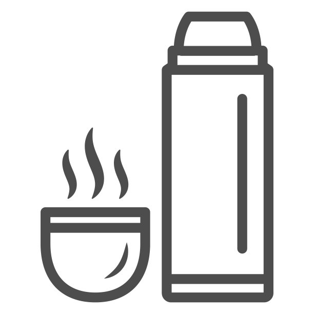 热水瓶和热茶在马克线图标，世界滑雪板日概念，保温瓶标志在白色的背景，热水瓶和杯与热饮图标在轮廓风格。矢量图形。图片下载