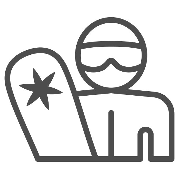 滑雪板与滑雪板线图标，冬季运动概念，男子与滑雪板标志在白色的背景，在移动和web轮廓风格的滑雪板图标剪影。矢量图形。图片下载