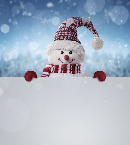 快乐的雪人在冬季风景后面的空白广告横幅图片下载