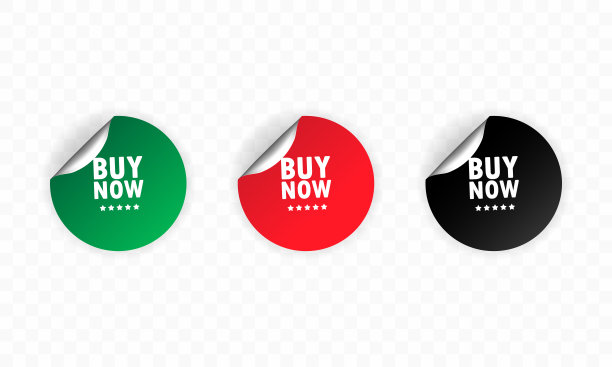 现在购买图标。贴纸。折扣向量。现在购买标签套装。黑色，红色和绿色圆形标签。销售胸牌模板。折扣促销。矢量插图。EPS10图片下载