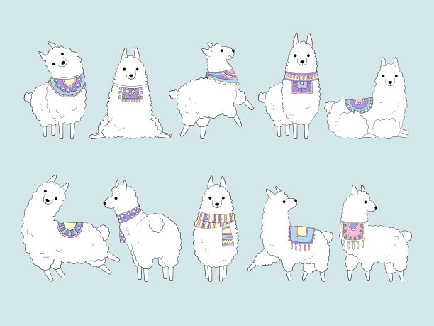 骆驼可爱。画有趣的动物在涂鸦风格秘鲁美洲驼收集骆驼向量图片下载