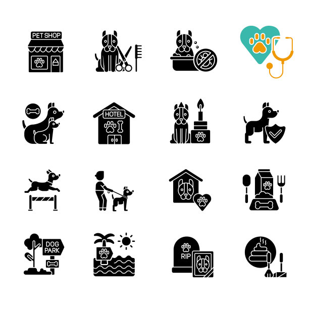 宠物服务黑色象形文字图标设置在空白图片下载