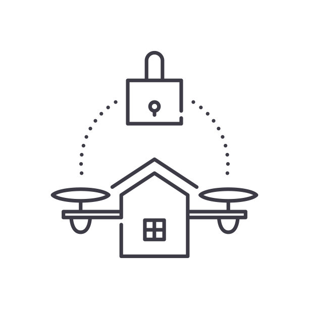 家锁无人机图标，线性孤立的插图，细线矢量，网页设计标志，轮廓概念符号与可编辑的白色背景描边。图片下载