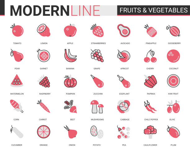 水果蔬菜平瘦红黑线图标矢量插图设置与轮廓新鲜有机素食食品符号收集图片下载
