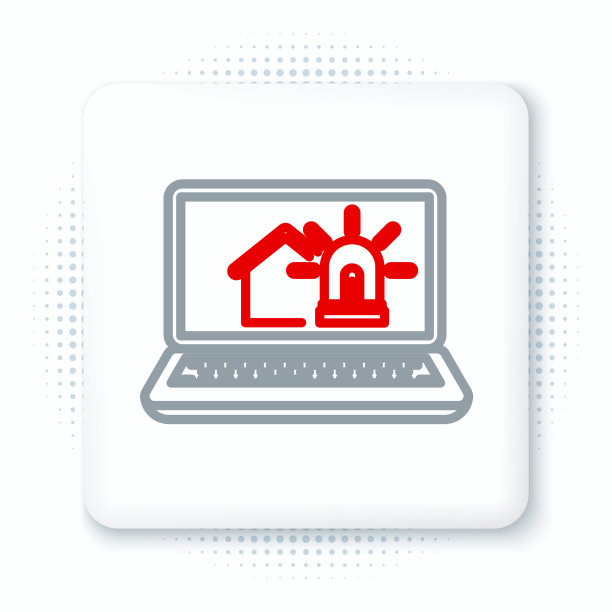 Line笔记本电脑与智能房子和报警图标隔离在白色背景。智能家居安防系统。色彩斑斓的轮廓的概念。向量图片下载