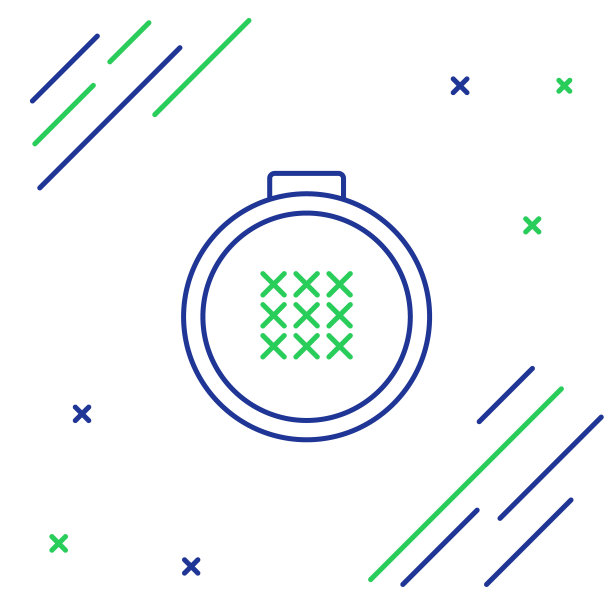 蓝色和绿色线圆形可调刺绣箍图标孤立在白色背景上。刺绣用的线和针。色彩斑斓的轮廓的概念。矢量图图片下载