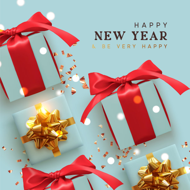 新年快乐。假日背景与现实的礼盒，金色的五彩纸屑，散景灯。新年快乐，祝你快乐。图片下载