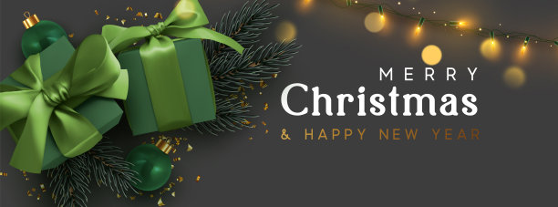 圣诞快乐，新年快乐。设计有逼真的圣诞物品，逼真的深绿色礼品盒，彩球，灯光灯花环，金光闪闪的五彩纸屑。节日水平海报图片下载