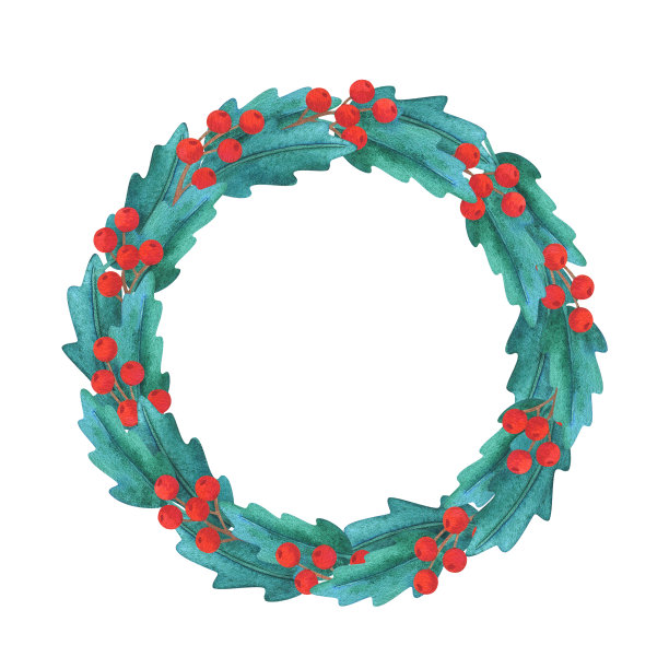 冬青制成的圣诞花环。儿童风格的新年水彩插画。假日框架与空间的文字为贺卡装饰，包装，服装，贴纸，和其他设计图片下载