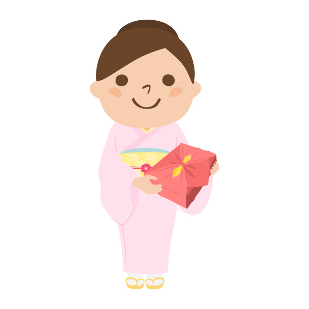 一个穿着和服的女人的插图。一个微笑的女人拿着一个包裹在furoshiki的礼物。图片下载