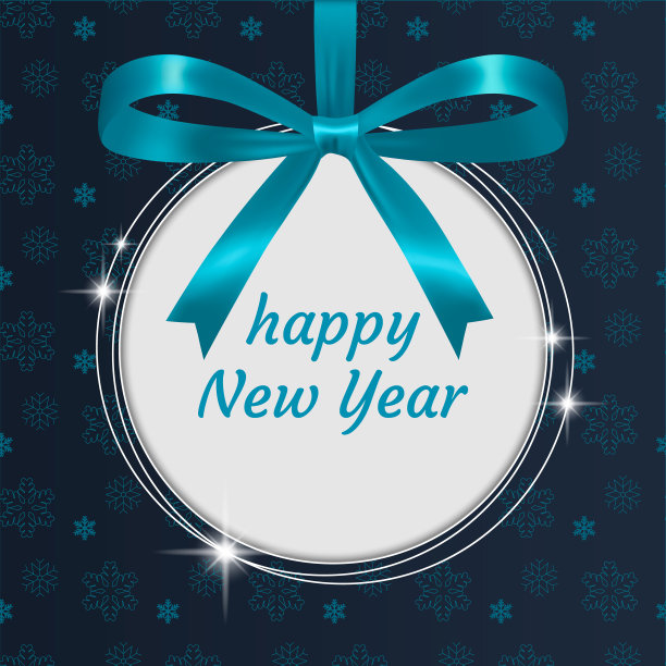 新年海报与圣诞球和蓝色3d蝴蝶结在节日无缝模式与雪花。冬季横幅与空间问候短信。深蓝色背景，白色圆圈。图片下载