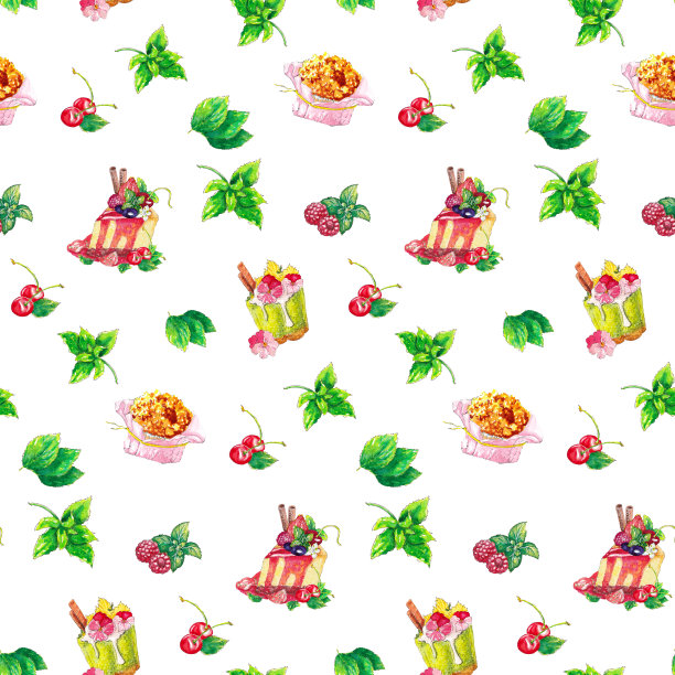 手绘水彩图案与甜点。图片下载