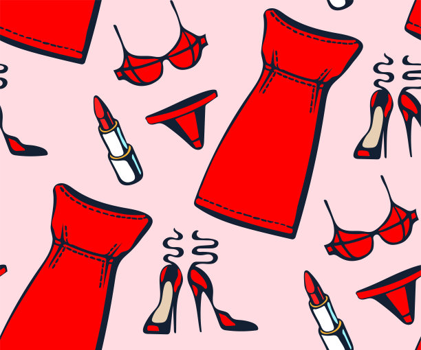 手绘矢量红色连衣裙和配件。手绘墨水插图。现代装饰装饰背景。矢量模式。印刷纺织品，布料，墙纸，剪贴簿图片下载