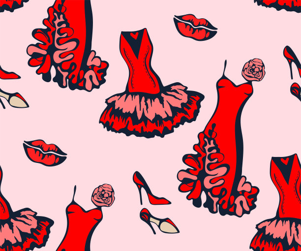 手绘矢量红色连衣裙和配件。手绘墨水插图。现代装饰装饰背景。矢量模式。印刷纺织品，布料，墙纸，剪贴簿图片下载