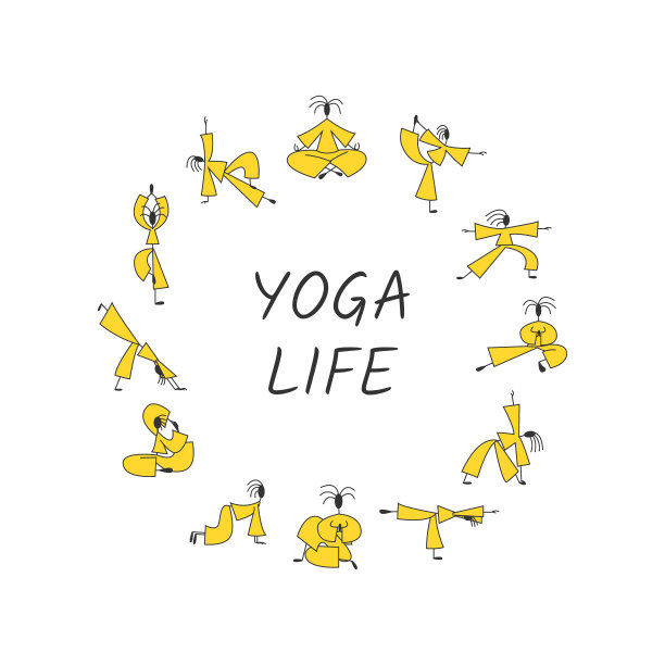 一组程式化的简单的人做瑜伽体式的姿势。瑜伽生活刻字。矢量图的概念。图片下载