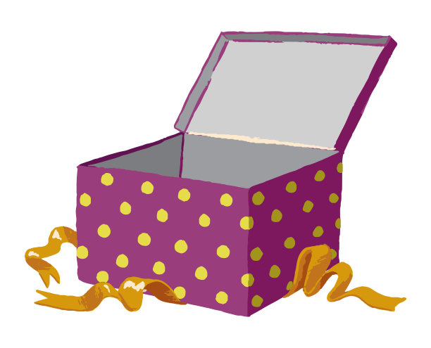 用丝带打开的紫色礼盒。手绘矢量单插图。彩色简单的平面元素孤立在白色上。适用于设计、印刷、装饰、卡片、贴纸、横幅、包装、广告。图片下载