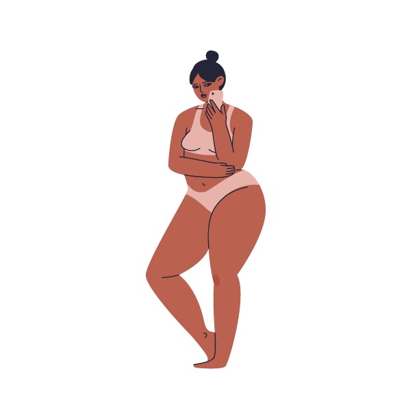 手绘年轻女子内衣。一个手里拿着智能手机的胖女孩。一个穿着时尚泳衣，头上梳着发髻的黑发女人。矢量股票孤立的插图在卡通风格。图片下载