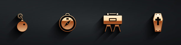 设置炸弹准备爆炸，指南针，军事地雷和棺材与十字图标与长阴影。向量图片下载