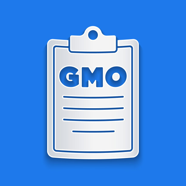 剪纸转基因图标孤立在蓝色背景。转基因生物的缩写。Dna食品修改。纸艺术风格。向量图片下载