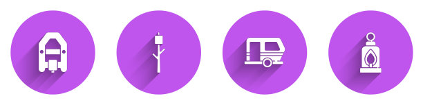 设置漂流船，棉花糖棒，房车露营拖车和灯笼图标与长影子。向量图片下载