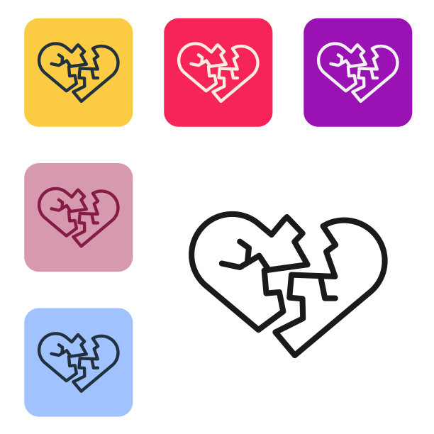 破碎的心或离婚图标孤立在白色背景上。爱的象征。情人节。设置图标的颜色方形按钮。向量图片下载