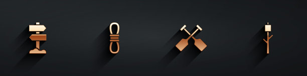 设置道路交通路标，攀登者绳，桨和棉花糖对木棍图标与长影子。向量图片下载