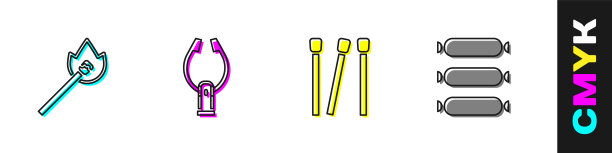 设置燃烧火柴与火，肉钳，火柴和香肠图标。向量图片下载