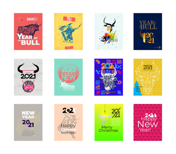 一套公牛，公牛，白色背景。徒手画。2021年春节快乐。牛年的彩色背景。农历新年。牛的画是素描剪影风格。矢量图图片下载