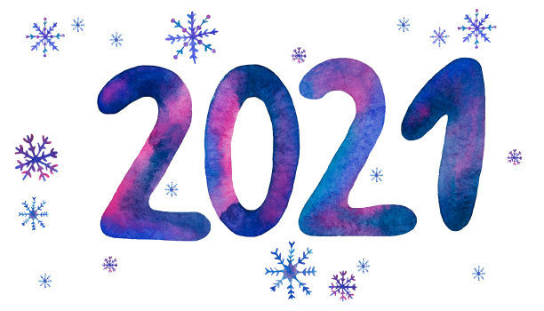 手绘蓝紫色水彩标志2021在白色的背景。新年前夕的插图数字2021为您的设计。圣诞旗帜插图与雪花2021。图片下载