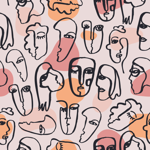 矢手拂晓面无缝隙格局。水墨抽象立体主义人物背景，涂鸦，素描，艺术海报。现代抽象的脸图片下载