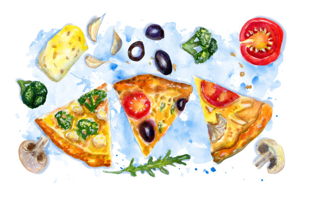 手绘水彩flatlaycomposition与比萨饼和配料在蓝色图片下载