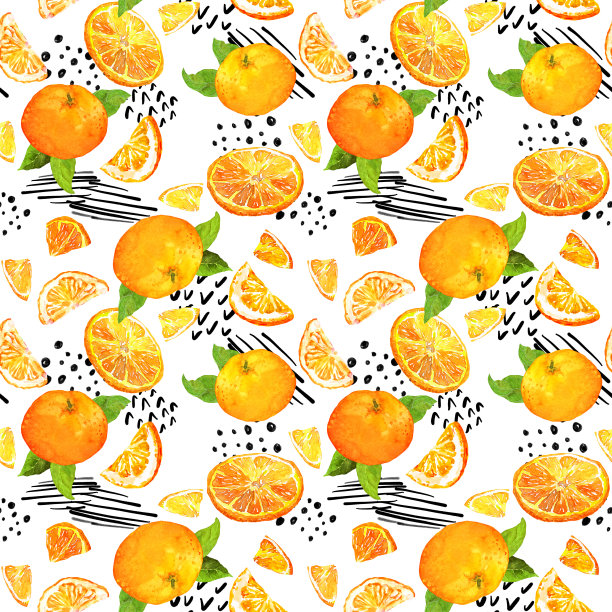 有趣的水果设计与橙子，树叶，随机点，现代线。夏季无缝图案，重复纹理。时尚水彩手绘水果和孟菲斯积极的图纸图片下载