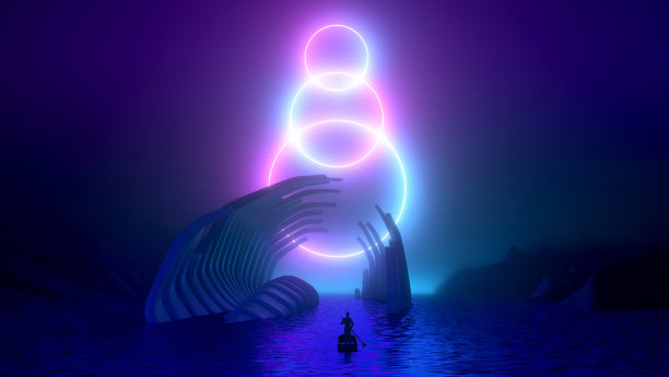 创意霓虹发光背景，概念环保污染。鱼的骨架躺在海里，人在船上的剪影，粉红色的蓝色充满活力的紫色霓虹灯。三维演示图片下载