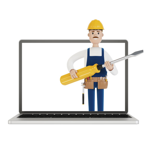 一个电工，一个大螺丝刀插在笔记本电脑屏幕上。一个小时的丈夫。电工、水管工、木匠叫工头来工作。3D插图卡通风格。图片下载