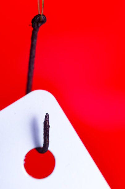 红色背景上的白色卡片上挂着生锈的鱼钩的微距照片。黑客网络钓鱼的概念。图片下载