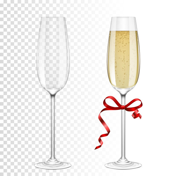 一套香槟酒杯空，香槟用红丝带，隔离。图片下载