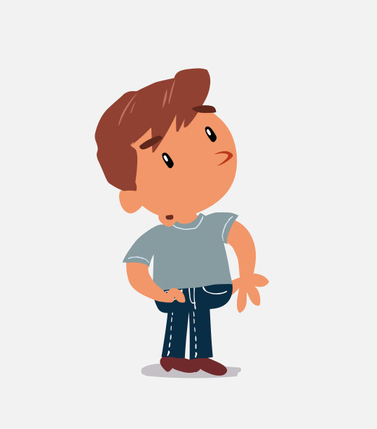 穿着牛仔裤的小男孩卡通形象看起来带着怀疑和些许惊讶图片下载