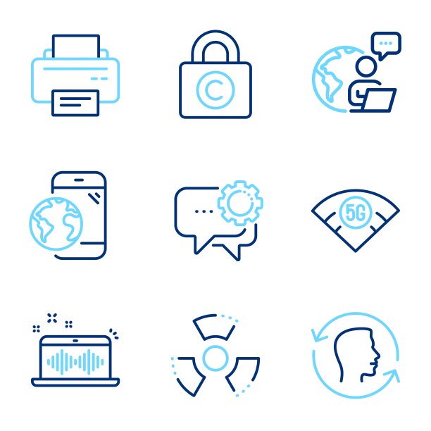 业务图标集。包括图标作为音乐制作，脸id，打印机标志。向量图片下载