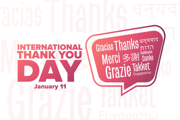 国际感谢日。1月11日。用不同的语言感谢你。节日的概念。模板的背景，旗帜，卡片与文字题词。向量EPS10插图。图片下载