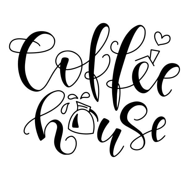咖啡馆手绘字母与涂鸦咖啡壶，黑色文字孤立在白色背景。图片下载