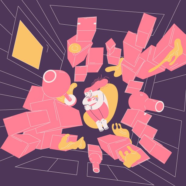 患有强迫症的女人买东西。当一个人收集盒子和囤积无用的东西时产生的强迫症。房间里满是物品和地板上悲伤的人物图片下载